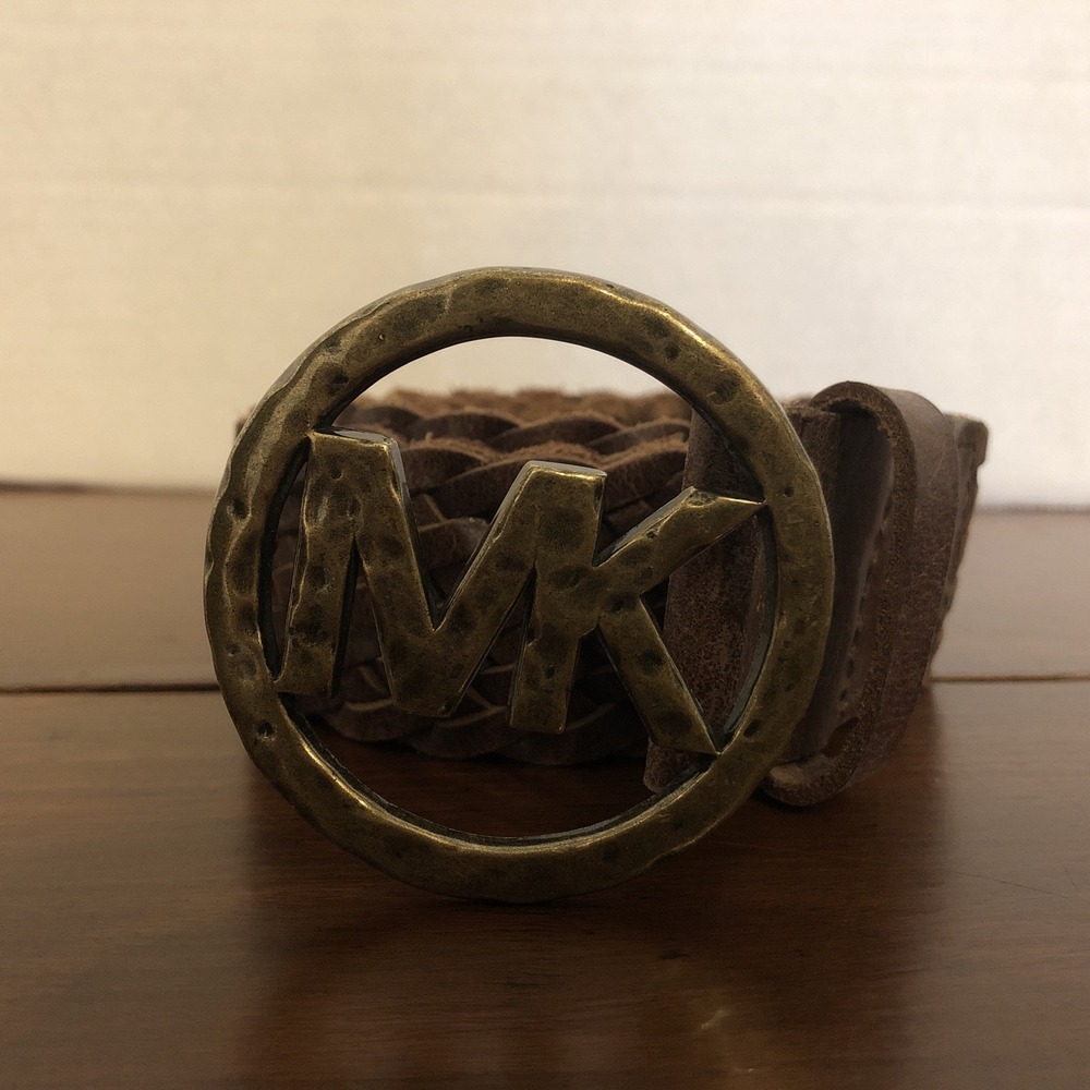 Michael Kors Belt Large Dark Brown Braided Genuine Leather Gold Logo Buckle